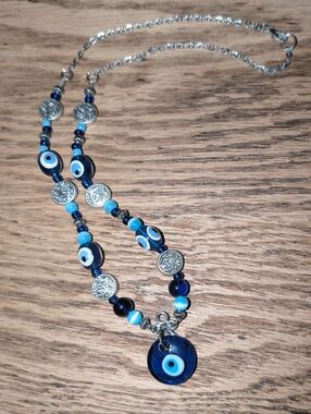 Handmade Beaded Necklace "Evil Eye" With Silvertone Accents, 22"